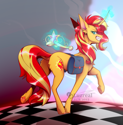 Size: 1812x1836 | Tagged: safe, artist:lucythunderforth, derpibooru import, sunset shimmer, pony, unicorn, equestria girls, equestria girls (movie), aura, bag, crown, evil, evil grin, female, green eyes, grin, jewelry, regalia, saddle bag, smiling, solo, sunset shimmer day