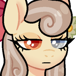 Size: 300x300 | Tagged: artist needed, safe, derpibooru import, oc, oc only, oc:peach blossom, pony, blank expression, bow, close-up, emotionless, flower, flower in hair, glass eye, hair bow, heterochromia, simple background, solo, transparent background, uninterested