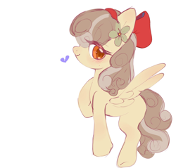 Size: 1348x1288 | Tagged: artist needed, safe, derpibooru import, oc, oc only, oc:peach blossom, pegasus, pony, bow, flower, flower in hair, full body, hair bow, hoof on chest, missing cutie mark, simple background, smiling, solo, white background