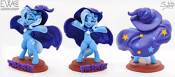 Size: 2000x880 | Tagged: safe, artist:ewc workshop, artist:sunny way, artist:v747, derpibooru import, trixie, unicorn, 3d print, art, artwork, bipedal, cloak, clothes, craft, cute, diatrixes, figurine, happy, hat, horn, irl, painting, photo, sculpture, solo, stars, statue