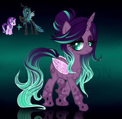 Size: 1280x1256 | Tagged: safe, artist:stardust-pony, derpibooru import, oc, changepony, hybrid, 2021, fangs, female, gradient background, interspecies offspring, magical lesbian spawn, next generation, offspring, parent:queen chrysalis, parent:starlight glimmer, parents:glimmerlis, purple body, reflection, smiling, solo, two toned mane