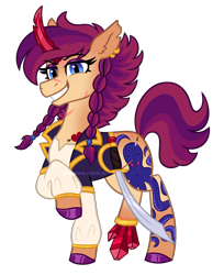 Size: 2200x2700 | Tagged: safe, artist:pink-pone, derpibooru import, oc, oc only, oc:ruby cutlass, unicorn, braid, crystal horn, female, horn, mare, simple background, solo, sword, transparent background, weapon