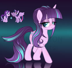 Size: 1280x1208 | Tagged: safe, artist:stardust-pony, derpibooru import, oc, oc only, alicorn, pony, 2021, colored wings, female, freckles, gradient background, lidded eyes, magical lesbian spawn, next generation, offspring, parent:starlight glimmer, parent:twilight sparkle, parents:twistarlight, reflection, smiling, wings