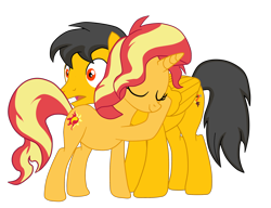 Size: 2412x1855 | Tagged: safe, artist:gmaplay, derpibooru import, sunset shimmer, oc, oc:saint rider, equestria girls, hug, simple background, sunset shimmer day, transparent background