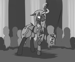 Size: 3000x2500 | Tagged: safe, artist:incrediblepanzer, derpibooru import, queen chrysalis, equestria at war mod, headcanon, monochrome, saber, solo, sword, weapon