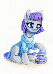 Size: 719x1000 | Tagged: safe, artist:maytee, derpibooru import, maud pie, earth pony, pony, clothes, female, mare, rock, simple background, sitting, solo, traditional art, watercolor painting, white background