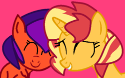 Size: 582x362 | Tagged: safe, artist:jadeharmony, derpibooru import, sunset shimmer, oc, oc:jade harmony, canon x oc, eyes closed, female, lesbian, nuzzling, pink background, shipping, simple background