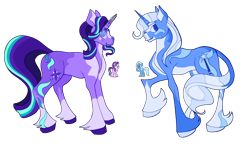 Size: 2048x1177 | Tagged: source needed, safe, artist:polymane, derpibooru import, starlight glimmer, trixie, pony, unicorn, duo, duo female, female, leonine tail, lesbian, mare, redesign, shipping, simple background, startrix, tail, transparent background, unshorn fetlocks