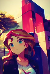 Size: 2048x3072 | Tagged: safe, ai content, derpibooru import, generator:purplesmart.ai, generator:stable diffusion, machine learning generated, sunset shimmer, equestria girls, anime, clothes, cute, jacket, leather, leather jacket, looking at you, prompter:lerkyboy, shirt, sunset shimmer day