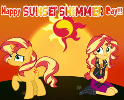 Size: 2340x1889 | Tagged: safe, artist:shieldwingarmorofgod, derpibooru import, sunset shimmer, human, pony, unicorn, equestria girls, boots, clothes, female, geode of empathy, kneeling, magical geodes, shoes, smiling, sunset shimmer day