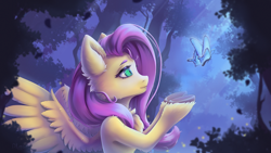 Size: 3840x2160 | Tagged: safe, artist:dlexsie, derpibooru import, fluttershy, butterfly, pegasus, pony, g4, 4k, beautiful, crepuscular rays, digital art, feather, female, flying, forest, green eyes, high res, lidded eyes, mare, moonlight, pink mane, smiling, solo, spread wings, tree, unshorn fetlocks, wallpaper, wings