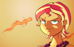 Size: 1280x816 | Tagged: safe, alternate version, artist:feralroku, derpibooru import, sunset shimmer, human, equestria girls, alternate hairstyle, crossover, female, fiery shimmer, fire, freckles, jewelry, necklace, one piece, portgas d. ace, short hair, smiling, solo, sunset shimmer day