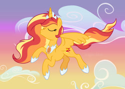 Size: 1024x733 | Tagged: safe, artist:sugar-loop, derpibooru import, sunset shimmer, alicorn, pony, alicornified, cloud, crown, female, flying, jewelry, race swap, regalia, shimmercorn, solo, sunset, sunset shimmer day