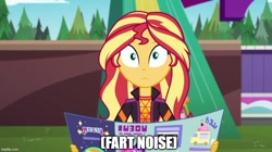 Size: 888x499 | Tagged: safe, derpibooru import, sunset shimmer, equestria girls, equestria girls series, sunset's backstage pass!, spoiler:eqg series (season 2), caption, fart, fart noise, onomatopoeia, solo, sound effects, text