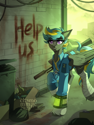 Size: 3000x4000 | Tagged: safe, artist:chamommile, derpibooru import, oc, oc only, oc:tornado turbulence, original species, pegasus, fallout equestria, ammunition, armor, bandage, bandaged leg, blood, clothes, colored wings, commission, fallout, full body, grey skin, gun, jewelry, looking up, male, pegasus oc, ponytail, purple eyes, rifle, solo, two toned mane, two toned wings, uniform, weapon, wings, ych result