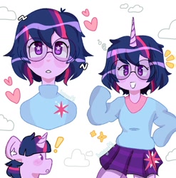 Size: 1272x1286 | Tagged: safe, artist:matsudaet, derpibooru import, twilight sparkle, human, pony, alternate hairstyle, clothes, cute, exclamation point, female, glasses, grin, heart, horn, horned humanization, human ponidox, humanized, mare, pony coloring, self paradox, self ponidox, simple background, skirt, smiling, solo, starry eyes, sweater, twiabetes, white background, wingding eyes