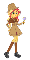 Size: 960x1920 | Tagged: safe, artist:mlpfan3991, derpibooru import, sunset shimmer, human, equestria girls, bowtie, clothes, deerstalker, detective, detective shimmer, female, hand on hip, hat, looking at you, magnifying glass, pose, sherlock holmes, sherlock shimmer, shoes, show accurate, simple background, smug, smugset shimmer, socks, solo, sunset shimmer day, transparent background, vector