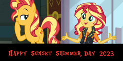 Size: 2000x1000 | Tagged: safe, artist:mlpfan3991, derpibooru import, sunset shimmer, human, pony, unicorn, a fine line, better together, equestria girls, forgotten friendship, clothes, female, geode of empathy, magical geodes, sunset shimmer day