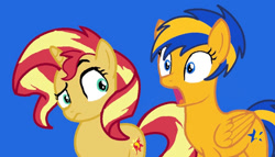 Size: 900x516 | Tagged: safe, artist:ry-bluepony1, derpibooru import, sunset shimmer, oc, oc:flare spark, pegasus, pony, unicorn, blue background, female, flareset, lesbian, open mouth, shipping, simple background