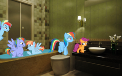 Size: 1201x748 | Tagged: safe, artist:kayman13, derpibooru import, bow hothoof, rainbow blitz, rainbow dash, scootaloo, windy whistles, pegasus, bathroom, bathtub, family, female, rule 63, siblings, sisters