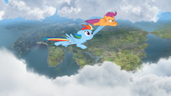 Size: 1920x1078 | Tagged: safe, derpibooru import, rainbow dash, scootaloo, pegasus, best pony, female, flying, heartwarming, island of sodor, scootalove, siblings, sisters, thomas and friends, thomas the tank engine