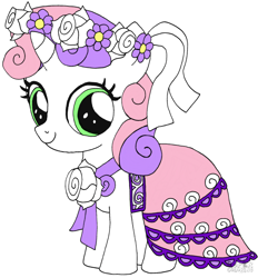 Size: 1020x1100 | Tagged: safe, artist:playtimerogerhargreavesandbonniezacherlefan68, derpibooru import, sweetie belle, pony, unicorn, a canterlot wedding, g4, season 2, bridesmaid dress, clothes, colored, coloring page, cute, diasweetes, dress, female, filly, floral head wreath, flower, flower filly, flower girl, flower girl dress, foal, simple background, solo, white background