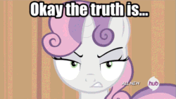 Size: 533x300 | Tagged: safe, edit, edited screencap, editor:undeadponysoldier, screencap, sweetie belle, pony, unicorn, for whom the sweetie belle toils, all new, angry, animated, cute, cute when angry, diasweetes, edited gif, female, filly, foal, hub logo, implied shipping, implied spike, implied spikebelle, looking at you, meme, reversed, solo, sweetie belle is not amused, talking to viewer, text