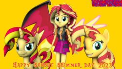 Size: 3840x2160 | Tagged: safe, artist:optimussparkle, derpibooru import, sunset satan, sunset shimmer, demon, human, pony, unicorn, better together, equestria girls, 2023, 3d, daydream shimmer, female, human ponidox, self paradox, self ponidox, simple background, solo, source filmmaker, sunset shimmer day, triality, wings, yellow background