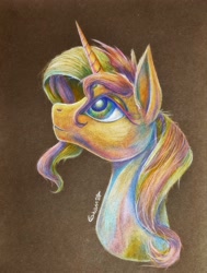 Size: 2275x3016 | Tagged: safe, artist:cahandariella, derpibooru import, sunset shimmer, unicorn, bust, colored pencil drawing, pastel, portrait, rainbow, solo, traditional art