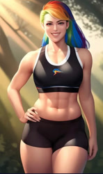 Size: 942x1593 | Tagged: safe, ai content, derpibooru import, generator:purplesmart.ai, generator:stable diffusion, machine learning generated, rainbow dash, human, abs, belly button, breasts, clothes, cutie mark on clothes, female, humanized, jogging, lipstick, long hair, looking at you, midriff, multicolored hair, outdoors, purple eyes, rainbow hair, smiling, solo, sports bra, thighs, thunder thighs, wide hips