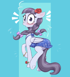 Size: 1860x2045 | Tagged: safe, artist:t72b, derpibooru import, inky rose, pegasus, pony, alternate clothes, blushing, bow, bracelet, clothes, cute, dress, emanata, embarrassed, female, flower, flower in hair, hair bow, inky rose always dresses in style, jewelry, looking at you, looking back, looking back at you, mare, raised hoof, raised leg, simple background, skirt, solo, surprised