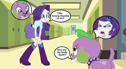 Size: 828x457 | Tagged: safe, artist:thewalrusclown, derpibooru import, rarity, spike, spike the regular dog, dog, human, equestria girls, belt, blouse, body swap, boots, bracelet, canterlot high, clothes, female, female to male, hair, hairpin, happy, high heel boots, jewelry, male, male to female, rule 63, shirt, shoes, skirt, species swap, teenager, transformation, transgender transformation, upset