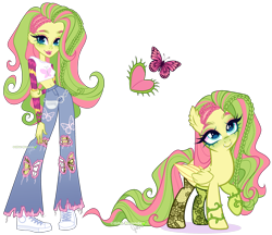 Size: 3695x3192 | Tagged: safe, artist:gihhbloonde, derpibooru import, oc, oc only, human, pegasus, pony, equestria girls, bell-bottom jeans, belt, braid, closed mouth, clothes, colored wings, colored wingtips, converse, crossover, crossover fusion, cyan eyes, denim, ear fluff, ears, eyeshadow, fanny pack, female, fishnet pantyhose, folded wings, fusion:fluttershy, fusion:venus mcflytrap, holding arm, jeans, lightly watermarked, lipstick, makeup, mare, monster high, pants, pegasus oc, raised hoof, raised leg, ripped pants, self paradox, self ponidox, shoes, short shirt, simple background, smiling, sneakers, solo, standing, teeth, torn clothes, transparent background, unnamed oc, venus mcflytrap, vine, watermark, wings