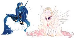 Size: 3481x1764 | Tagged: safe, artist:gihhbloonde, derpibooru import, oc, oc only, alicorn, pony, alicorn oc, anklet, blue eyes, bracelet, closed mouth, cloud, colored eyelashes, colored wings, colored wingtips, crown, duo, eyeshadow, female, folded wings, gradient mane, gradient tail, hair bun, hoof shoes, horn, jewelry, lidded eyes, lightly watermarked, long hair, long horn, long mane, long tail, lying down, lying on a cloud, makeup, mare, necklace, on a cloud, peytral, pink eyes, princess shoes, prone, regalia, siblings, simple background, sisters, smiling, spread wings, standing, tail, tiara, transparent background, unnamed oc, watermark, wings