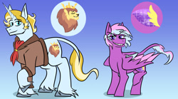 Size: 1800x1000 | Tagged: safe, artist:vennyriz22, derpibooru import, oc, oc only, oc:sanguine lionheart, oc:wisteria virgo lulamoon, pegasus, pony, unicorn, duo, gradient background, leonine tail, male, nonbinary, offspring, parent:prince blueblood, parent:trixie, parents:bluetrix, stallion, tail