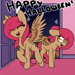 Size: 1280x1280 | Tagged: safe, artist:lockheart, derpibooru import, oc, oc only, pegasus, pony, duo, eye clipping through hair, eyebrows, eyebrows visible through hair, female, glasses, happy halloween, mare, spread wings, wings