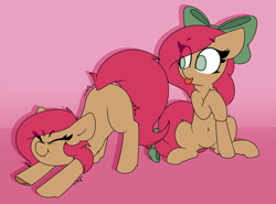 Size: 1280x948 | Tagged: safe, artist:lockheart, derpibooru import, oc, oc only, oc:cherry sweetheart, oc:stella cherry, earth pony, pony, ask, ass up, behaving like a cat, belly button, bow, duo, duo female, eye clipping through hair, female, hair bow, mare, siblings, sisters, tongue, tongue out