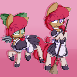 Size: 2500x2500 | Tagged: safe, artist:lockheart, derpibooru import, oc, oc only, oc:cherry sweetheart, oc:stella cherry, earth pony, pony, bipedal, bow, broom, clothes, duo, duster, eye clipping through hair, eyebrows, eyebrows visible through hair, female, hair bow, hoof hold, maid, mare, mouth hold, siblings, sisters, stockings, thigh highs