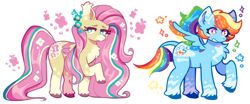 Size: 1826x761 | Tagged: safe, artist:xerndrawz, derpibooru import, fluttershy, rainbow dash, pegasus, pony, chest fluff, coat markings, colored wings, duo, female, mare, multicolored wings, rainbow wings, simple background, socks (coat marking), spread wings, unshorn fetlocks, white background, wings