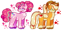 Size: 1607x777 | Tagged: safe, artist:xerndrawz, derpibooru import, applejack, pinkie pie, earth pony, pony, cheek fluff, chest fluff, colored muzzle, duo, female, mare, pale belly, simple background, unshorn fetlocks, white background