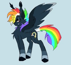 Size: 755x693 | Tagged: safe, artist:vennever, derpibooru import, rainbow dash, pegasus, pony, alternate cutie mark, alternate design, big ears, chest fluff, coat markings, colored hooves, colored wings, colored wingtips, ear fluff, ear tufts, ears, eye scar, facial scar, female, grin, magenta eyes, mare, multicolored hair, rainbow hair, redesign, scar, simple background, smiling, socks (coat marking), solo, spread wings, standing, wings