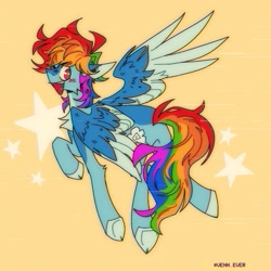 Size: 1500x1500 | Tagged: safe, artist:speakingviscera, artist:vennever, derpibooru import, rainbow blitz, rainbow dash, pegasus, pony, colored wings, messy mane, messy tail, open mouth, open smile, orange background, rule 63, simple background, smiling, solo, tail, two toned wings, wings