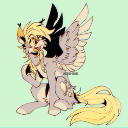 Size: 1500x1500 | Tagged: safe, artist:speakingviscera, artist:vennever, derpibooru import, derpy hooves, pegasus, pony, colored wings, green background, lidded eyes, open mouth, open smile, pale belly, simple background, sitting, smiling, solo, two toned wings, wings