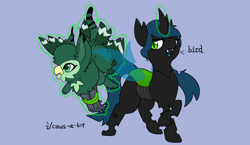 Size: 2052x1188 | Tagged: safe, artist:capital-asterisk, derpibooru import, oc, oc only, changeling, changeling queen, griffon, beak, bondage, captured, cat tail, changeling queen oc, changeling slime, crossed hooves, dialogue, doodle, duo, ear tufts, fangs, feathered wings, female, green eyes, green fur, griffon oc, levitation, looking away, magic, open mouth, partially open wings, simple background, slit eyes, standing, tail, tail feathers, talons, telekinesis, wings