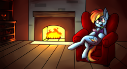 Size: 1024x559 | Tagged: safe, artist:icedtoast, artist:vennever, derpibooru import, rainbow dash, pegasus, semi-anthro, book, chair, fire, fireplace, rainbow dash presents, solo