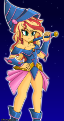 Size: 1800x3400 | Tagged: safe, artist:dibujoschidosdelabad, derpibooru import, sunset shimmer, human, equestria girls, :t, breasts, cleavage, clothes, cosplay, costume, crossover, dark magician girl, female, high res, outline, schrödinger's pantsu, solo, sunset jiggler, white outline, yu-gi-oh!