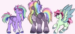 Size: 1081x489 | Tagged: safe, artist:plushieevibes, derpibooru import, oc, oc:aurora (plushieevibes), oc:dragonfly (plushieevibes), pegasus, pony, chest fluff, coat markings, colored hooves, colored wings, colored wingtips, colt, ear fluff, ear gague, ear piercing, earring, ears, eyebrow slit, eyebrows, female, foal, folded wings, gradient legs, gradient wings, hair over eyes, jewelry, leg fluff, magenta eyes, magical lesbian spawn, male, mare, multicolored hair, offspring, parent:fluttershy, parent:rainbow dash, parents:flutterdash, pegasus oc, piercing, rainbow hair, siblings, simple background, socks (coat marking), spread wings, stallion, standing, trio, unnamed oc, unshorn fetlocks, white background, wings