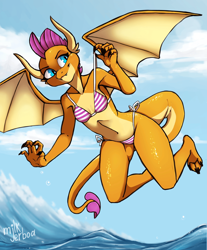 Size: 1785x2160 | Tagged: safe, artist:milk_jerboa, derpibooru import, smolder, anthro, digitigrade anthro, dragon, armpits, bikini, breasts, claws, clothes, delicious flat chest, dragoness, female, flying, horns, lizard breasts, looking to side, ocean, older, older smolder, outdoors, side-tie bikini, signature, small breasts, smiling, smirk, smugder, solo, solo female, spread wings, striped bikini, striped swimsuit, stupid sexy smolder, summer, swimsuit, teenaged dragon, teenager, water