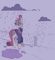 Size: 1001x1083 | Tagged: safe, artist:unicornlobotomy, derpibooru exclusive, derpibooru import, moondancer, pony, unicorn, amending fences, g4, frown, glasses, puddle, purple background, rain, scenery, simple background, solo