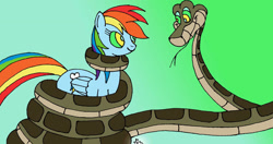 Size: 900x476 | Tagged: safe, artist:lol20, derpibooru import, rainbow dash, pegasus, pony, snake, coils, female, gradient background, hypno dash, hypno eyes, hypnosis, hypnotized, kaa, kaa eyes, male, smiling, wrapped up